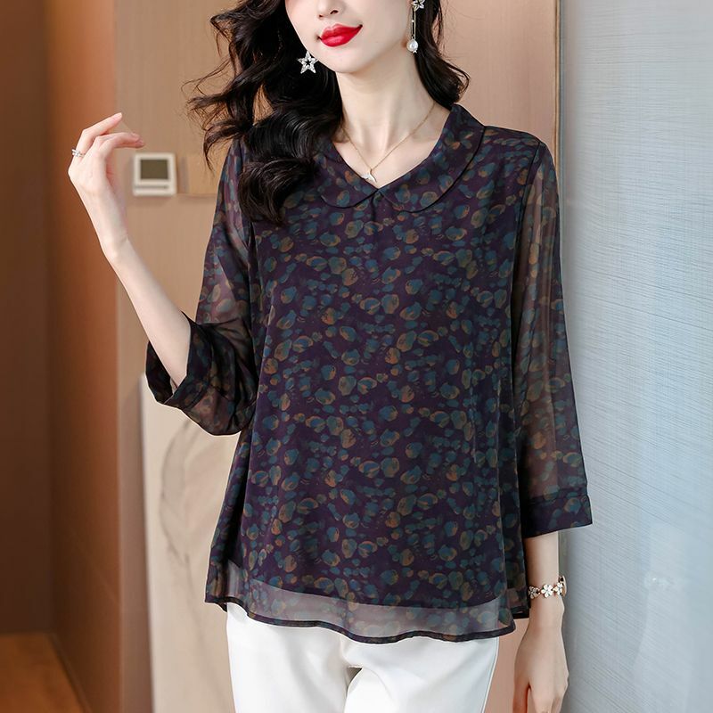 Casual Peter Pan Collar Shirt Spring Summer New 3/4 Sleeve Women's Clothing Vintage Stylish Printed Commute Loose Spliced Blouse