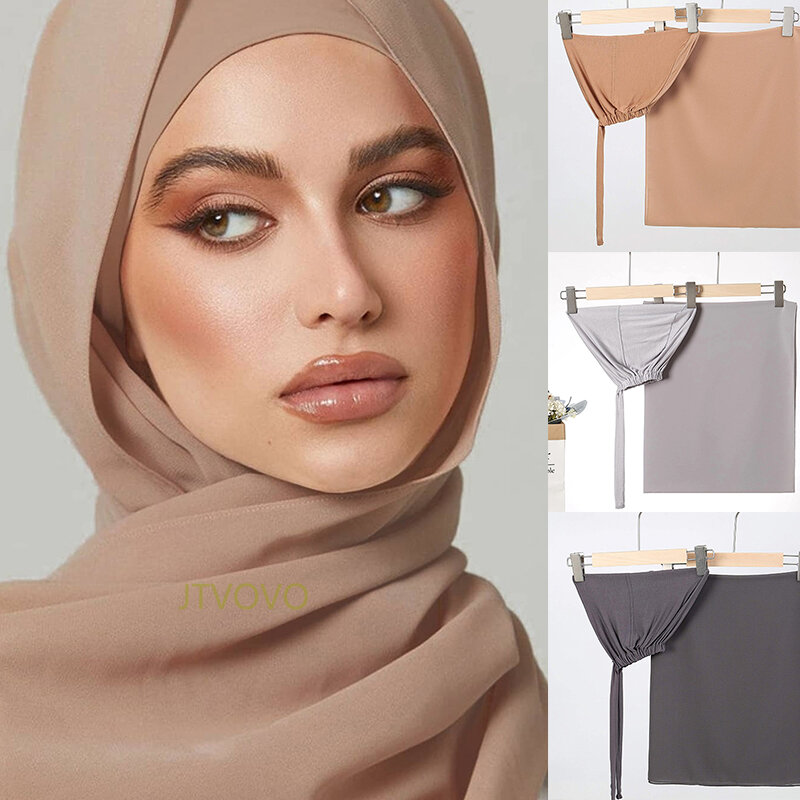 Conjunto de gorros y Diadema para mujer, gorro suave de Color sólido musulmán, Hijab interior, chales, gorro, Turbante femenino