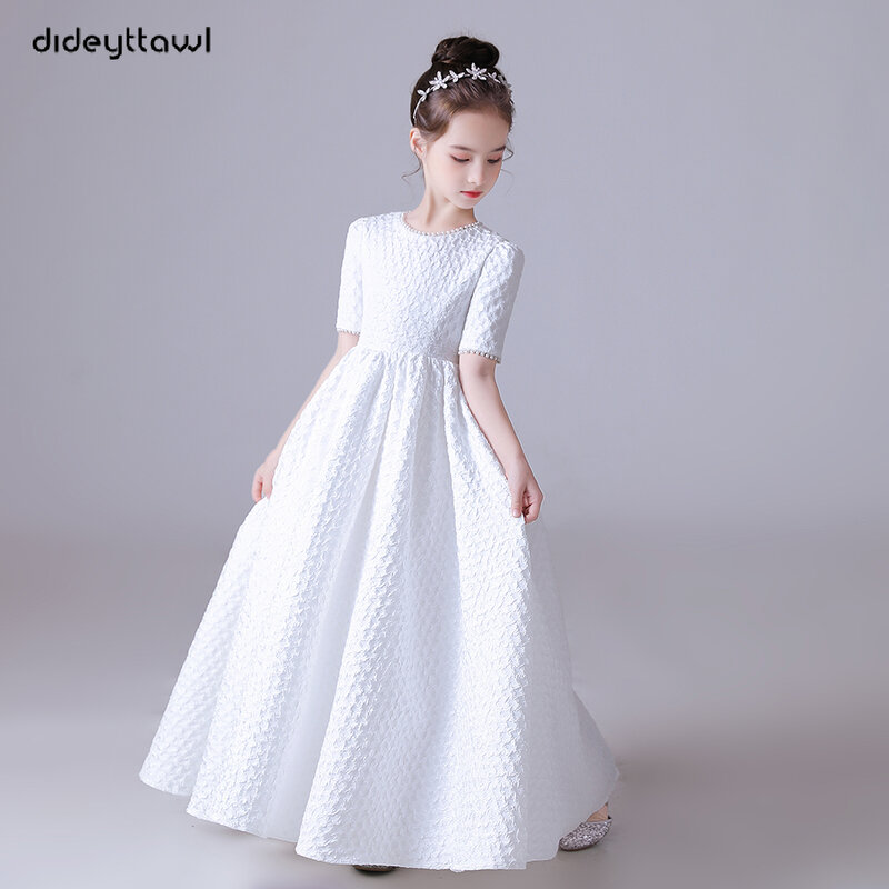Dideydress-saia branca Puff para meninas, mangas curtas, vestido de dama, flor elegante, festa de casamento, concerto, júnior