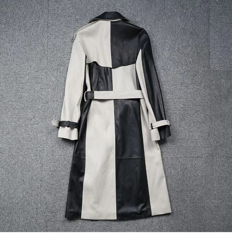 Gabardina de cuero para mujer, abrigo largo empalmado en blanco y negro, ropa de calle con cinturón y solapa grande, invierno, 2024