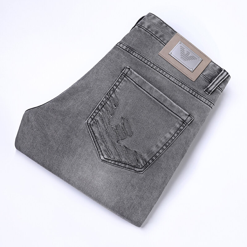 Celana jeans ringan pria, Bawahan bordir lurus ramping premium abu-abu, bagian tipis regang kasual 2024