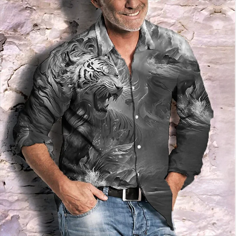 T-shirt tigre estampada em 3D para homens e mulheres, manga comprida, lapela, tops legais, roupas masculinas, camisas de rua, estilo americano, designs legais, nova moda, 2024