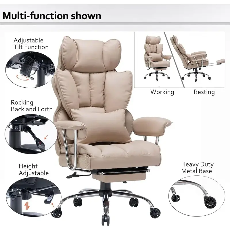 Biurko i krzesło biurowy 400 funtów, wysokie krzesło biurowe, krzesło do pracy na komputerze ze skóry PU, ciemnobeżowe krzesło biurowe z podnóżek i pas wspierający