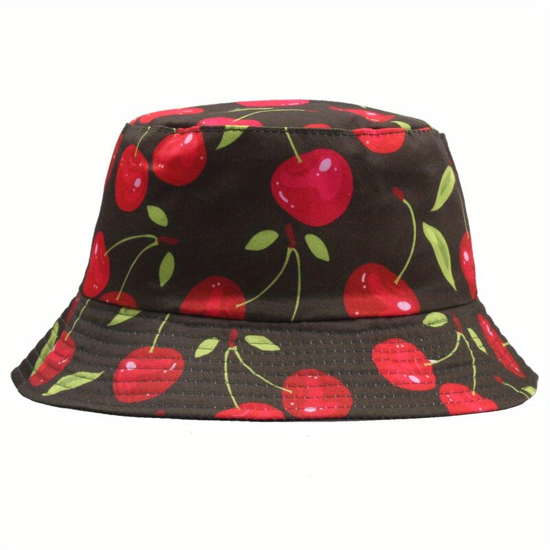 Cherry Print Bucket Hat Panama Foldable Breathable Sun Protection Fisherman Hats For Men Women Summer Sports Hiking Beach Cap