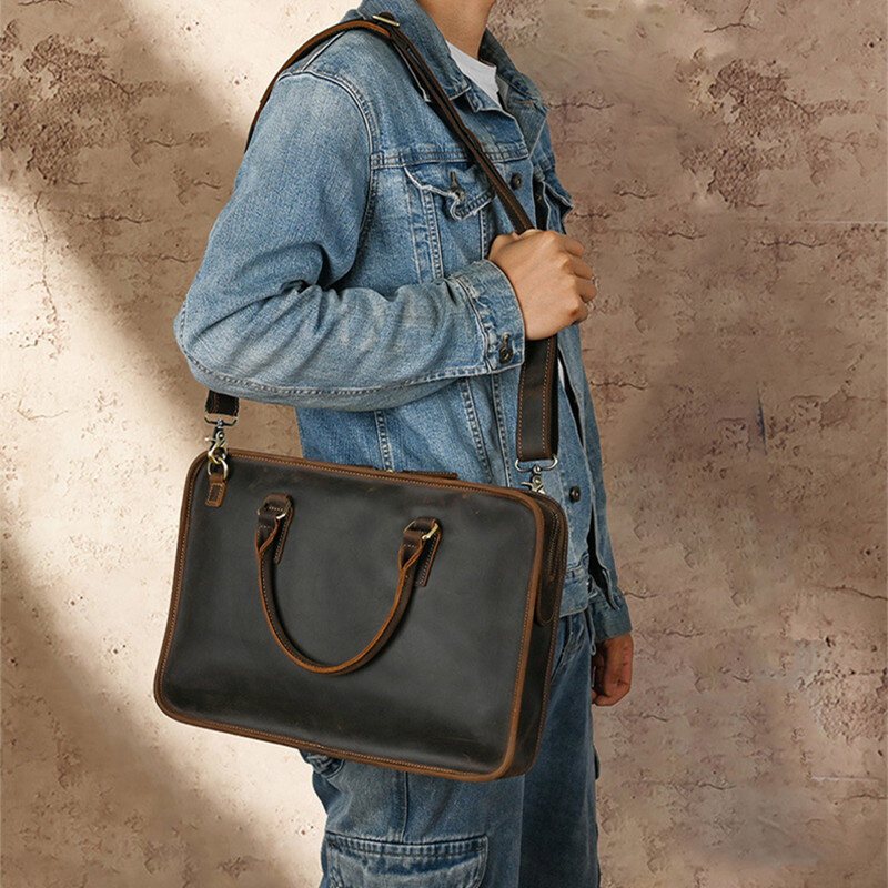 Valigetta da uomo Vintage in pelle di mucca con cerniera borsa orizzontale borsa per Computer portatile Messenger a tracolla da uomo ad alta capacità