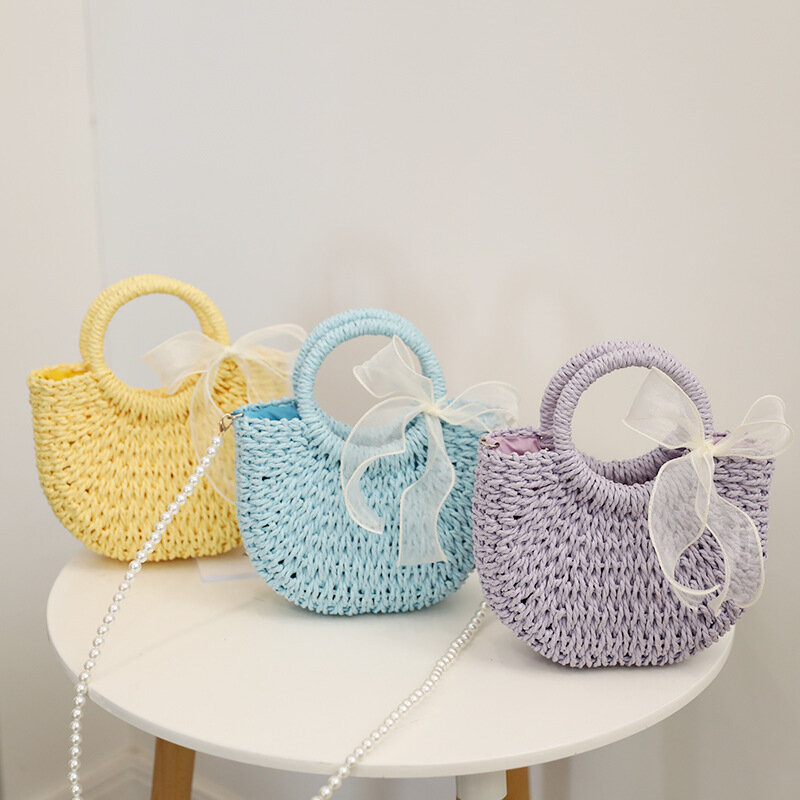 Cute Yellow Bow Straw Woven Bag 2023 New Candy Color Woven Bag Women's Messenger Seaside Holiday Beach Bag