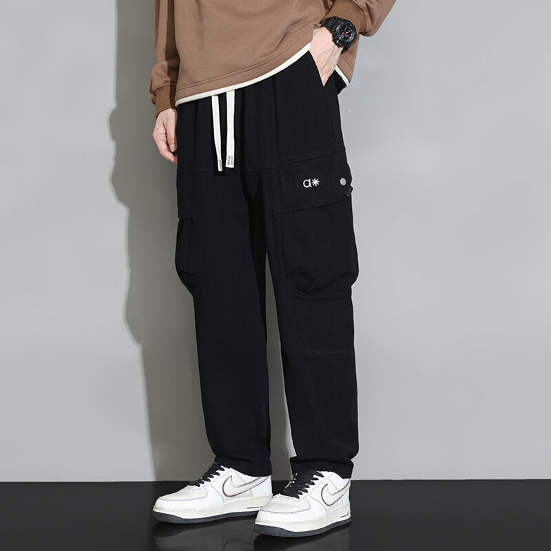 Spring Autumn Men's Solid Pockets Letter Embroidery Elastic High Waisted Casual Loose Wide Leg Trousers Clothing Bandage Pants