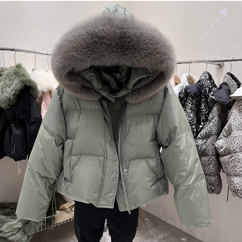 Mantel panjang wanita, pakaian luar wanita Korea longgar pendek musim dingin 2023 hangat kerah bulu rubah besar bertudung dengan 90%