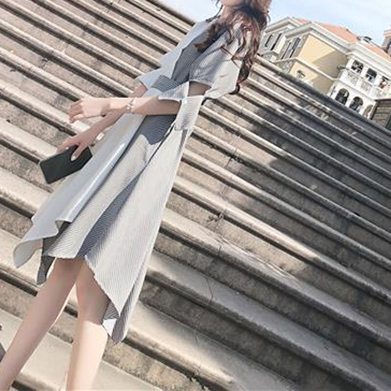 エレガントなストライプのドレス,女性のためのVネックの不規則な分割,カジュアルな韓国の夏服2023