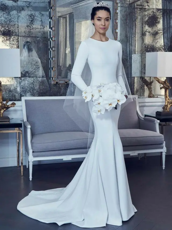 Flavinke 여성용 우아한 O-넥 긴팔 단추 새틴 웨딩 드레스, 2024 플리츠 화이트 스윕 트레인 인어 신부 가운