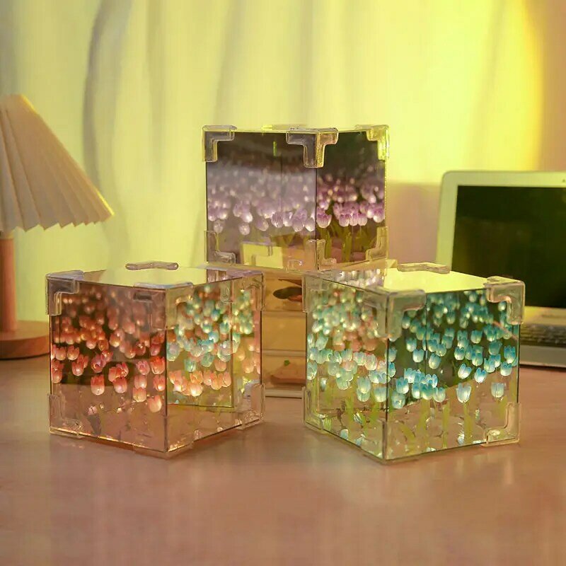 Tulip Flower Sea Little Night Light Cube Bedroom Decorate 3D DIY LED Atmosphere Light Girl Friend Gift Toys Mirror