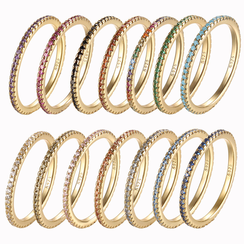 Cincin CZ Warna-warni Perak Murni 925 Asli Bertumpuk Warna Emas Pribadi Berlapis Platinum untuk Wanita Hadiah Perhiasan Indah #5