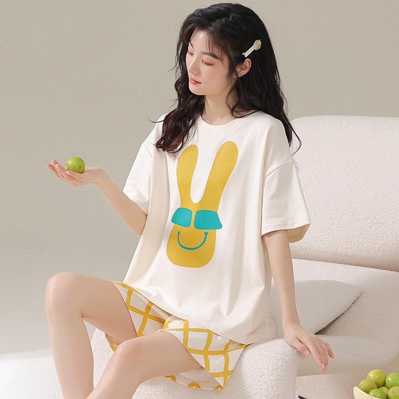 Pijama de manga corta para Mujer, conjunto de dos piezas de algodón, informal, dibujos animados, verano, 2023