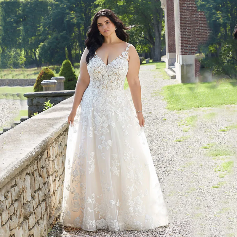 I OD-Robe de Mariée Trapèze à Col en V, Dos aux, Longueur au Sol, lèvent, Éducatif, Nouveau