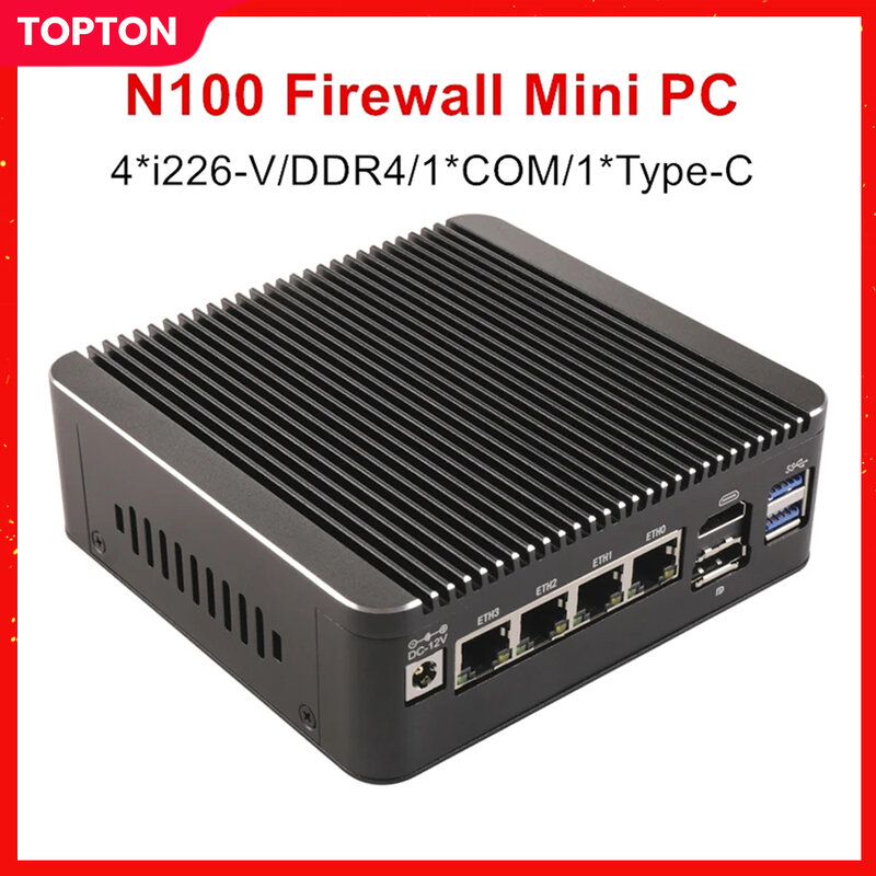 Topton-Fanless Mini PC Firewall, Intel N100, 2.5G Soft Router, 4x i226-V LAN, 1 * COM, RJ45, Tipo-C pfSense, PVE, ESXi