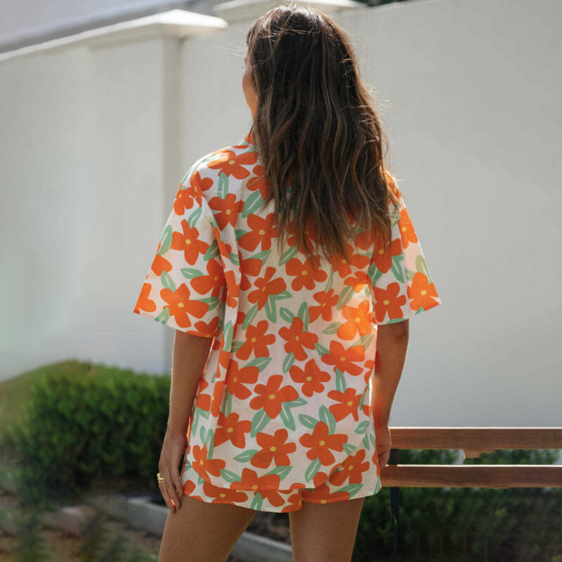 Fashion Floral Print Waist Elastic Short Sets Shirt With Bra Shorts Beach Summer Three Piece Set For Women Casual Womens 3 Piece