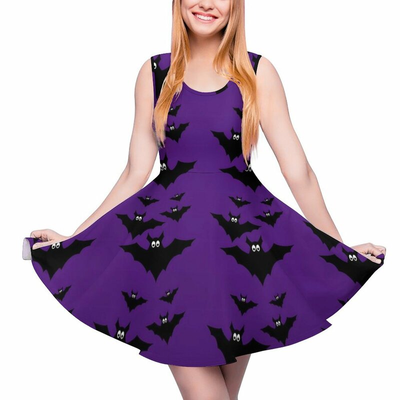 Halloween schwarz lila Kleid niedlich fliegende Fledermäuse Freizeit kleider Frauen Kawaii Skate Kleid Sommer Muster Kleidung große Größe