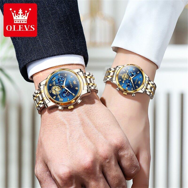 OLEVS zegarki dla par modny oryginalny zegarek na rękę wykwintne pudełko dla miłośników dla niej i dla niego zegarka wodoodporna faza świecący księżyc