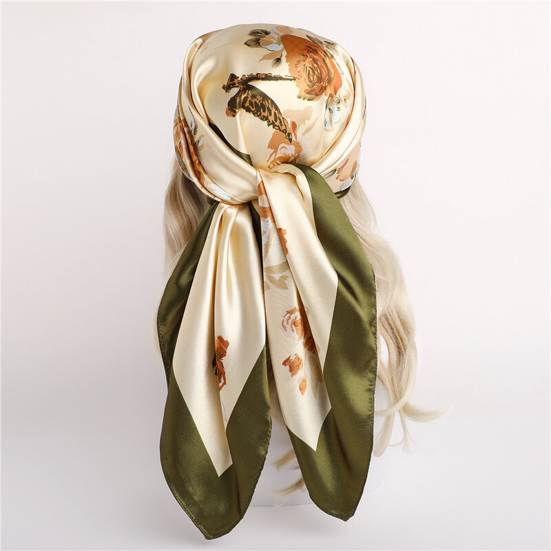 Foulard carré en Satin de soie imprimé pour femmes, 90cm, cravate de luxe pour le cou, bandana pour cheveux, couvre-chef, Hijab, châle, 2022