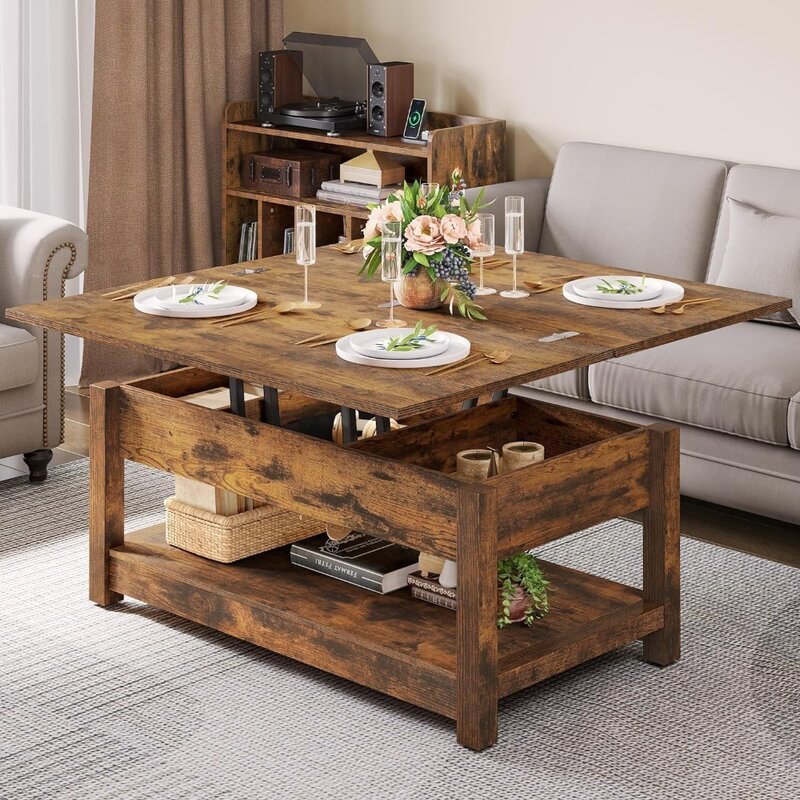Lift Top Coffee Table, 3 in 1 Multi-Function Coffee Tables with Storage for Living Room, Rustic Brown
