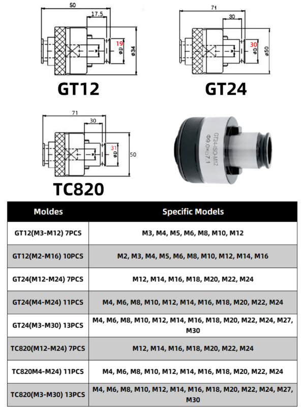 Portaherramientas telescópico para GT12, GT24, TC820, M4, M6, M8, M10, M12, M14, M16, M18, MT3, MT4, BT30, BT40, BT50