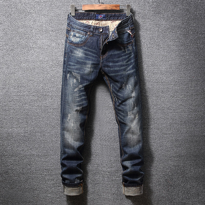 Projektant mody męskie jeansy wysokiej jakości Retro ciemnoniebieskie elastyczne Slim Fit porwane jeansy męskie Vintage casualowe spodnie jeansowe Hombre