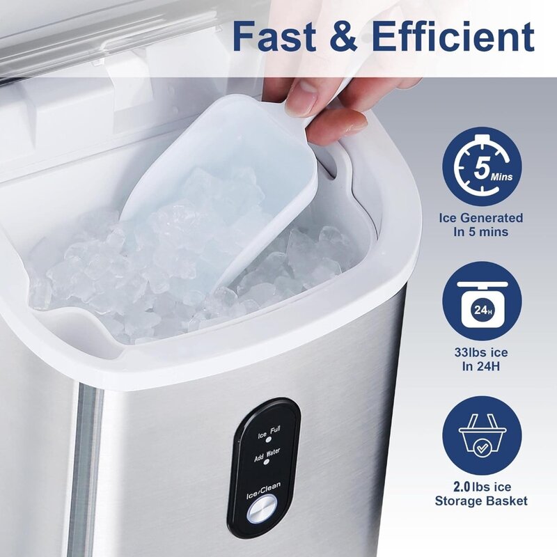 Ice Maker Countertop, 33Lbs Chewable Pebble Ice Per Day, Auto Self Cleaning, Crunchy Pellet Ice Cubes Maker Machine