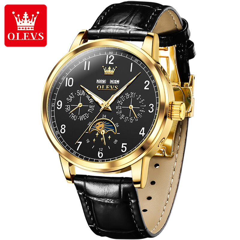 OLEVS นาฬิกากลไกอัตโนมัติสุดหรูสำหรับผู้ชายนาฬิกาแสดงวันที่ดวงจันทร์อัตโนมัติสายหนังกันน้ำสำหรับผู้ชาย