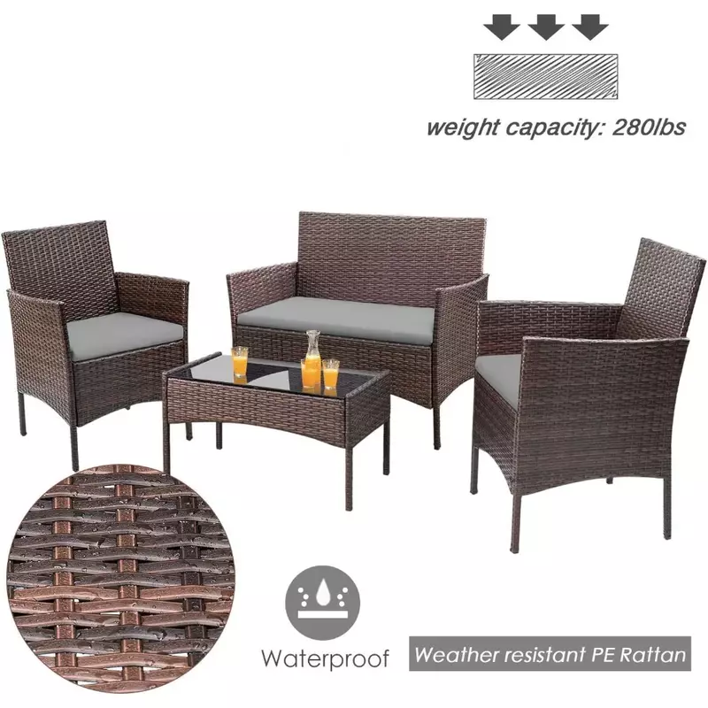 Outdoor Table and Chairs Set, 4 Pieces Rattan Chair Wicker, Outdoor Table and Chairs Set