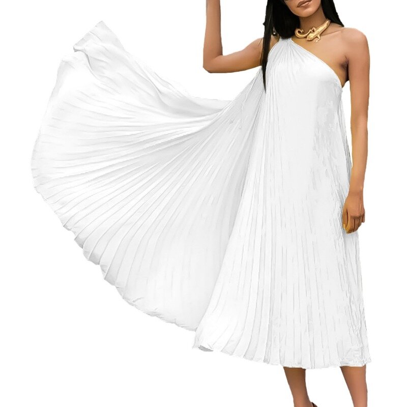 Vestido reto plissado de um ombro feminino, sem mangas, balanço grande, vestidos de noite, vintage, festa, coquetel, moda, 2024