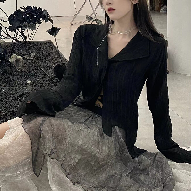 Gótico feminino preto camisas coreano escuro acadêmico feminino projetado irregular topos primavera moda streetwear y2k blusa