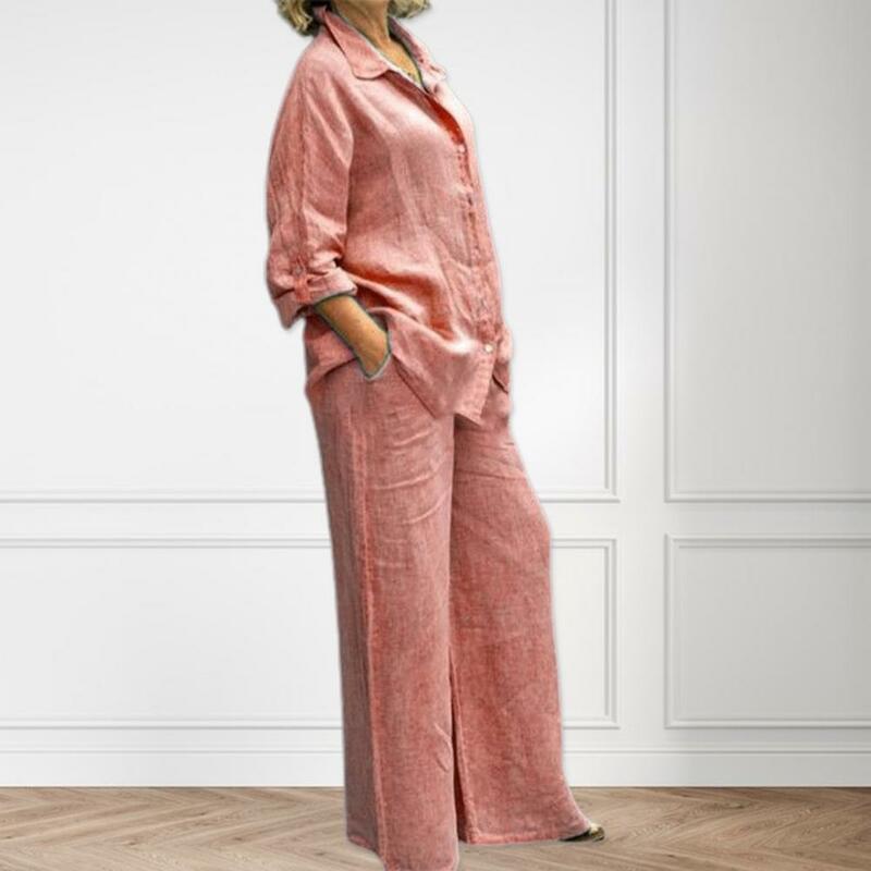 여성용 셔츠 바지 정장, 단색 통기성 버튼, 느슨한 싱글 브레스트 턴다운 칼라, 레이디 복장 세트, 여성용 운동복