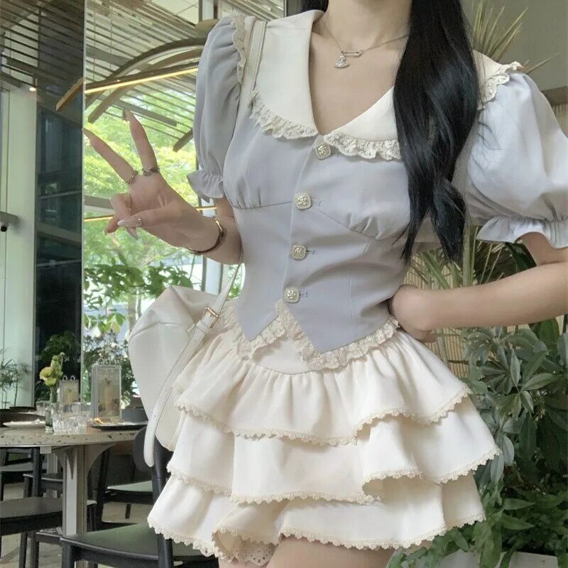 Sweet Academy Doll Neck Shirt Cake Skirt Two Piece Set Women Lace Splice Bubble Sleeves Single Breasted Spicy Slim Summer Suit