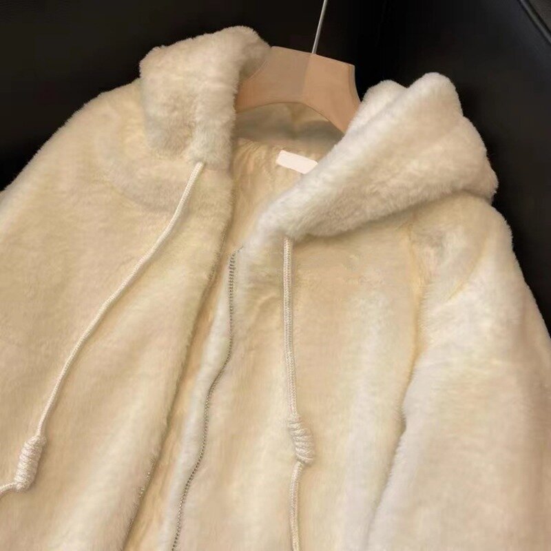 Winter Hooded Faux Rabbit Fur Plush Women Jacket Imitation Lambwool Outwea Top White Coat Warm Furry Overcoat Casual Sobretudos