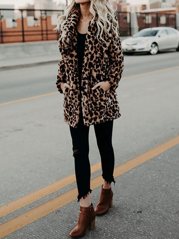 Casaco de pele sintética leopardo para mulheres, casaco longo de inverno, casaco de pelúcia feminino quente, outwear outono