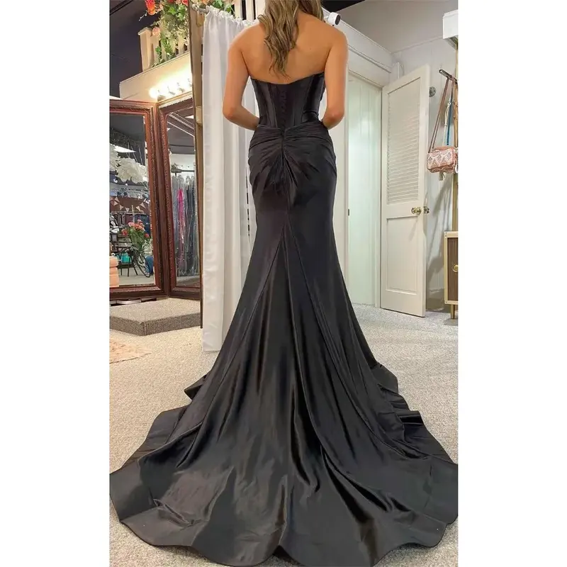 Wakuta Strapless Sweetheart Mermaid Prom Dresses for Women with Slit Ruched Satin Formal Evening Gown for Party vestidos de gala