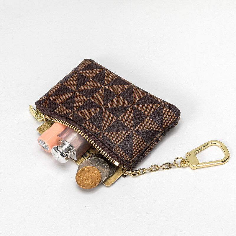 Bolso de almacenamiento de llaves de monedas con cadena para mujer, Mini monedero de cuero a cuadros de diseñador de lujo, billetera pequeña con cremallera, llavero de moda