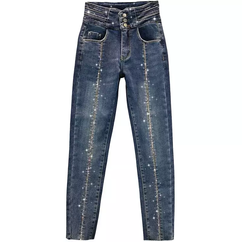 2024 Spring Autumn New High Waist Blue Denim Pants Women's Hot Drilling Street Jeans Cotton Stretch Skinny Jeans Blingbling Blue