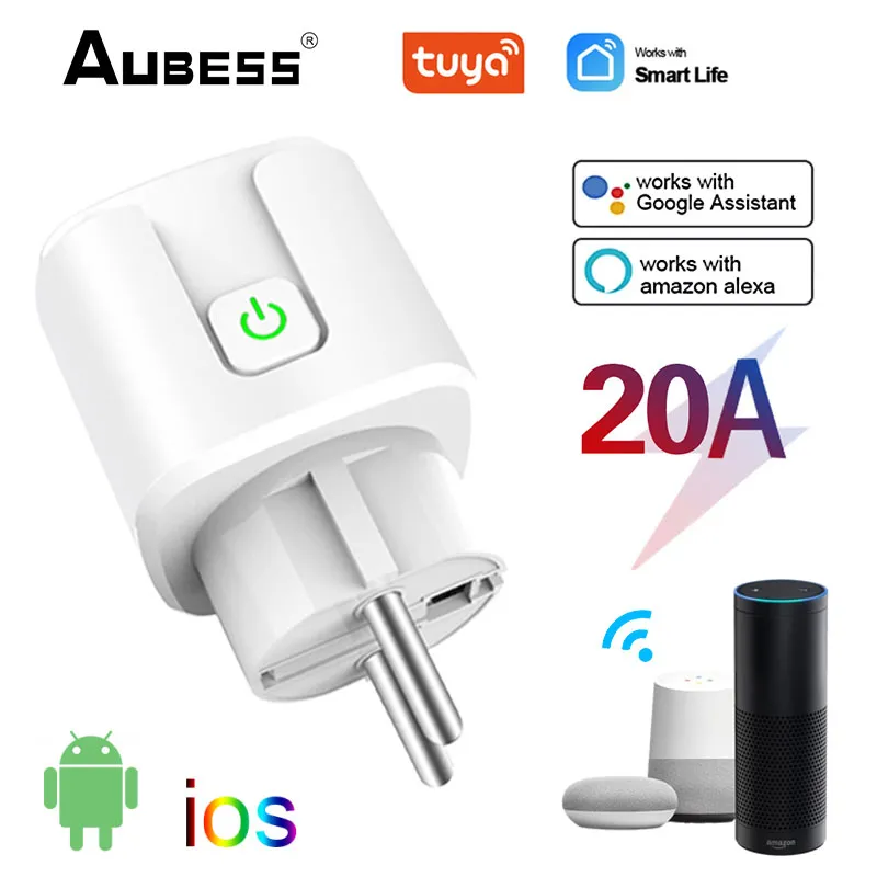 Aubess-Tuya WiFi Plug Inteligente com Monitor de Alimentação, Vida Inteligente, Controle Remoto, Suporte Google Home, Alexa, Yandex, EU16, 20A