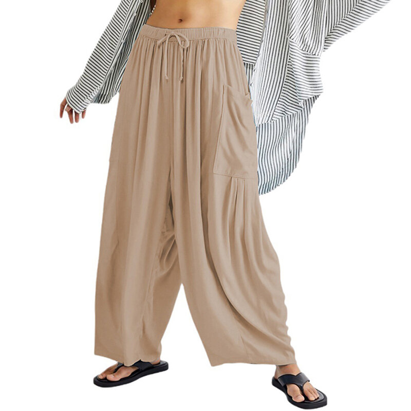 Celana Yoga olahraga celana Harem wanita pinggang tinggi celana longgar tipe sedikit elastis warna Solid sangat berlaku