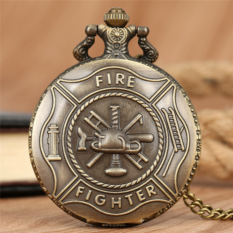 Vintage Fire Fighter Design Men's Analog Quartz Pocket Watch Full Hunter Necklace Chain Clock Arabic Numeral Gift Reloj