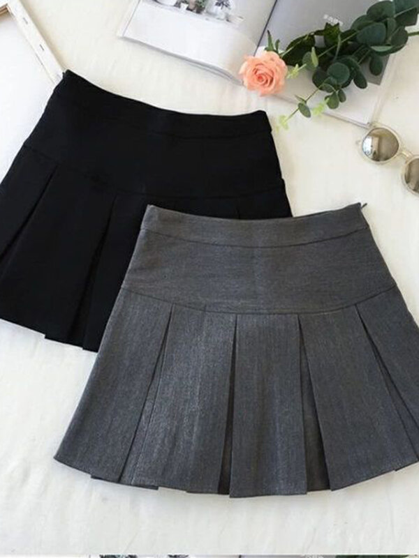 ZOKI Vintage grigio gonna a pieghe donna Kawaii a vita alta minigonne coreano moda scuola uniforme Harajuku Streetwear primavera