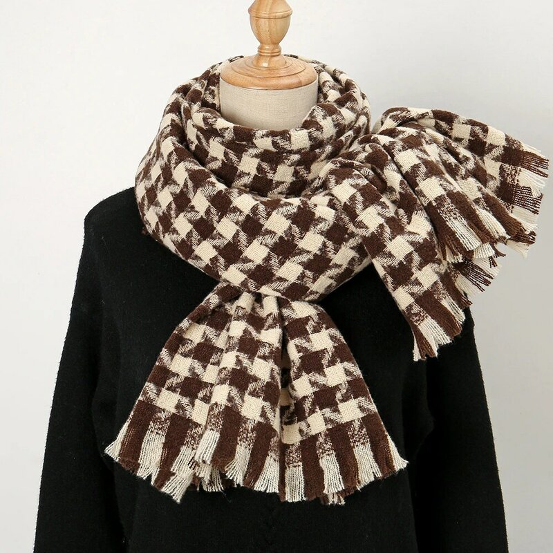 Плотный теплый клетчатый зимний шарф, дизайнерский женский шарф с принтом, женский шарф с кисточками, мужские подарки, пончо, Женский фуляр