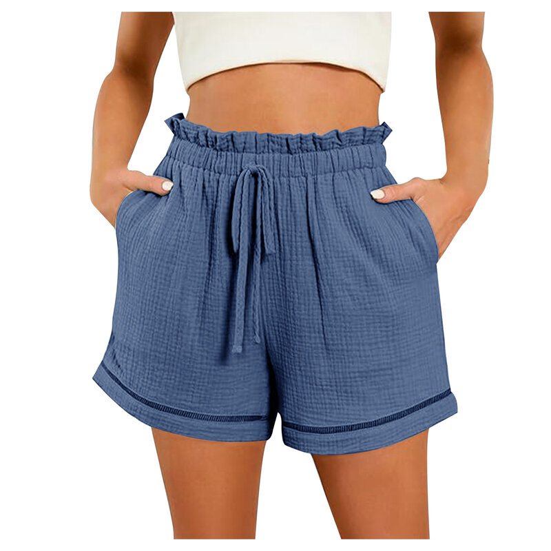 Mini shorts femininos casuais de cintura alta, elástico plissado, calção de cordão plissado, streetwear de perna larga, verão