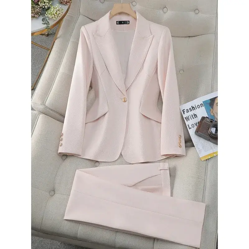 Conjunto de chaqueta y pantalón de alta calidad para mujer, traje de 2 piezas, chaqueta y pantalón sólidos, color verde, rosa y negro, ropa de trabajo y negocios