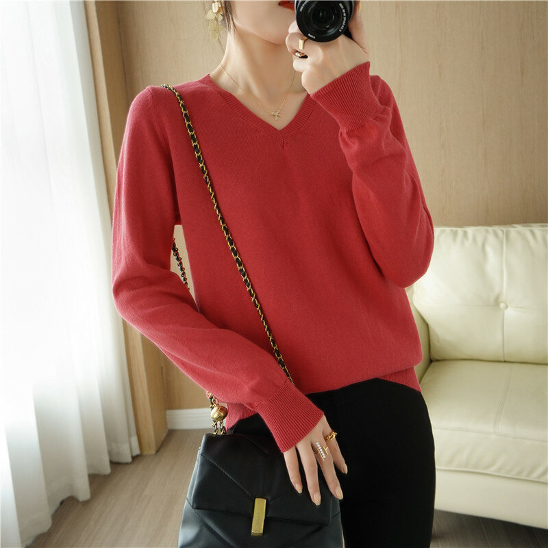 Kemeja rajut leher V Wanita lengan panjang, baju Sweater tipis longgar dengan lapisan bawah, Sweater Musim Semi dan Gugur