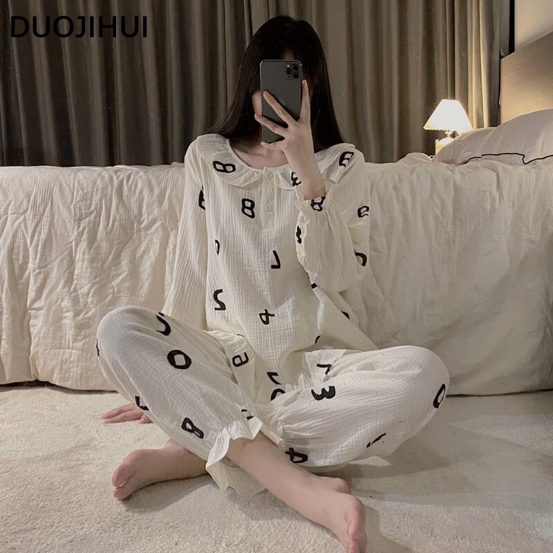 DUOJIHUI Ins-Conjunto de pijama para mujer, cárdigan y pantalón holgado, informal, con estampado de chica, a la moda