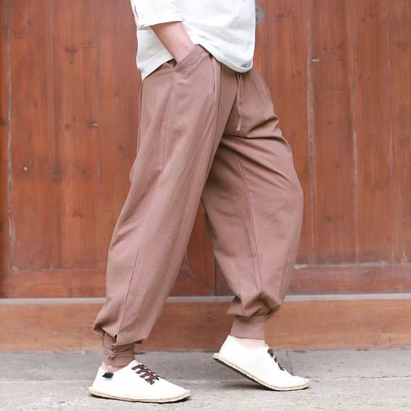 Брюки-султанки мужские из хлопка и льна, китайские прямые тренировочные штаны, повседневные уличные штаны, весна-лето