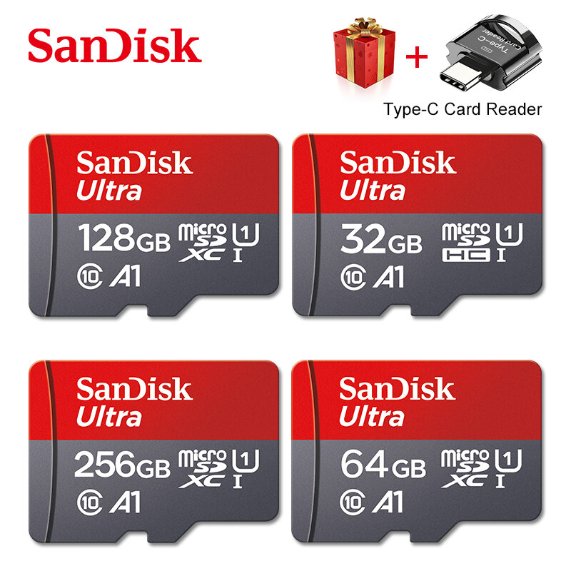 Sandisk-cartão de memória micro sd, original, micro sd, classe 10, uhs-1, tf/sd, tipo-c, 256gb, 128gb, 64gb, 100 mb/s