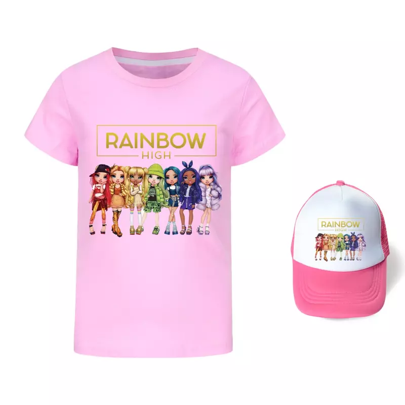 T-shirt arc-en-ciel Kawaii pour enfants, vêtements d'été pour filles, t-shirt à manches courtes, chapeau de soleil pour tout-petits garçons, haut tendance pour enfants